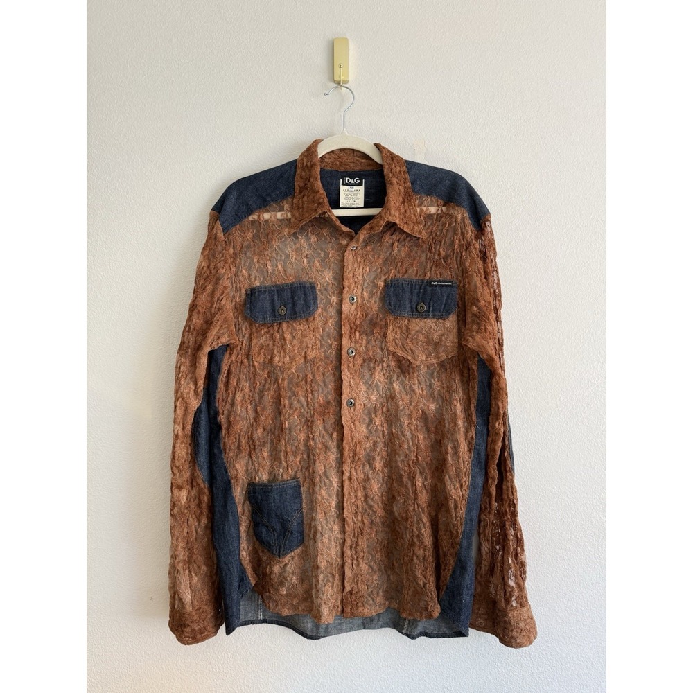 Vintage Dolce & Gabbana Denim Lace Combo Button Down Shirt Mens Sz XL